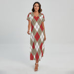 Red White And Beige Argyle Pattern Print Short Sleeve Maxi Dress