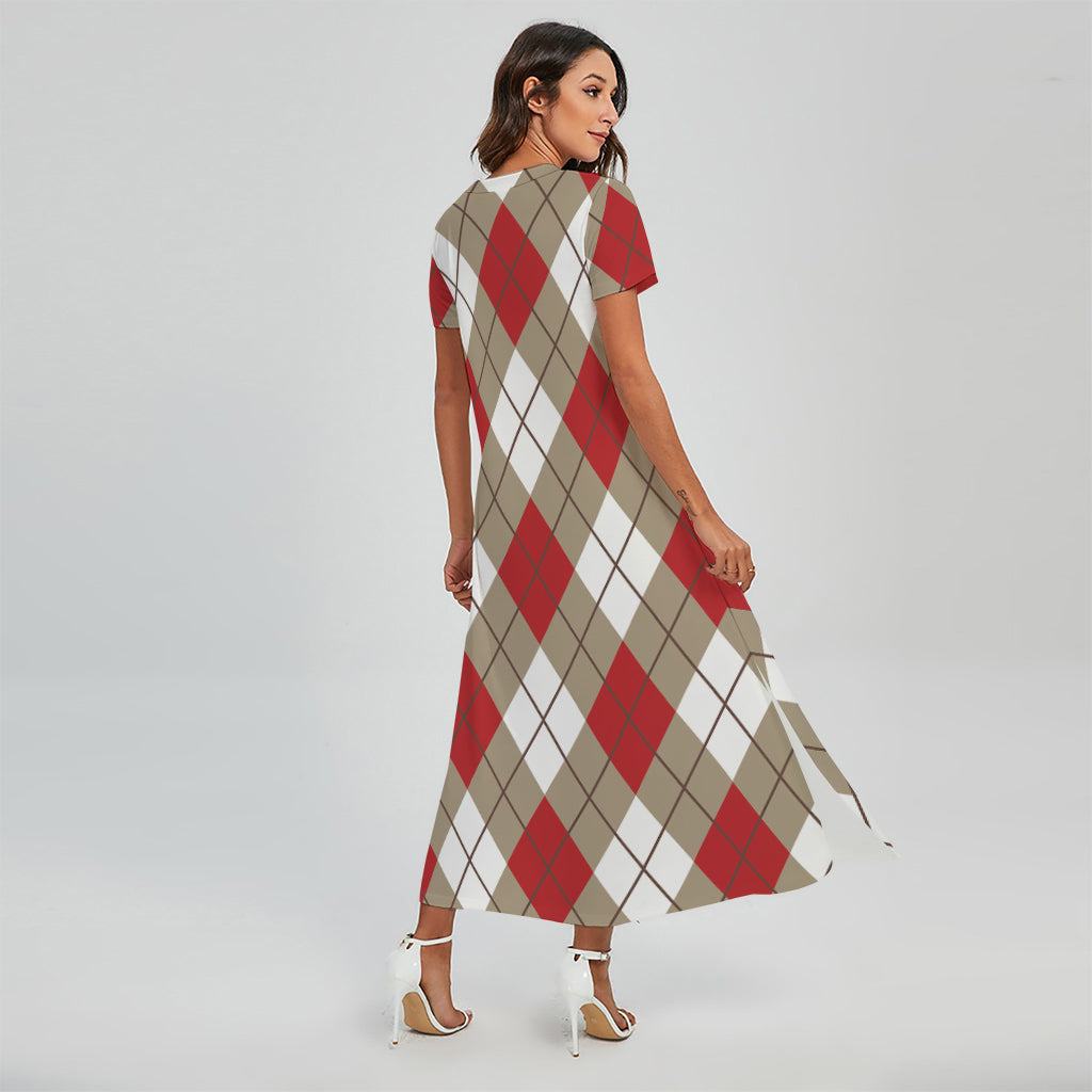 Red White And Beige Argyle Pattern Print Short Sleeve Maxi Dress