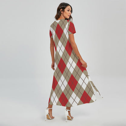 Red White And Beige Argyle Pattern Print Short Sleeve Maxi Dress