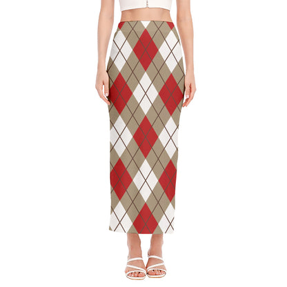 Red White And Beige Argyle Pattern Print Side Slit Maxi Skirt