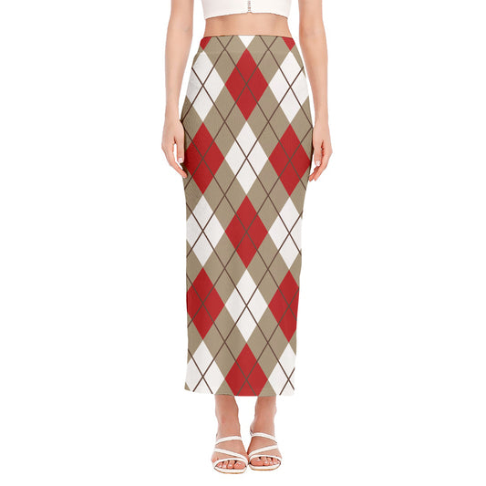 Red White And Beige Argyle Pattern Print Side Slit Maxi Skirt