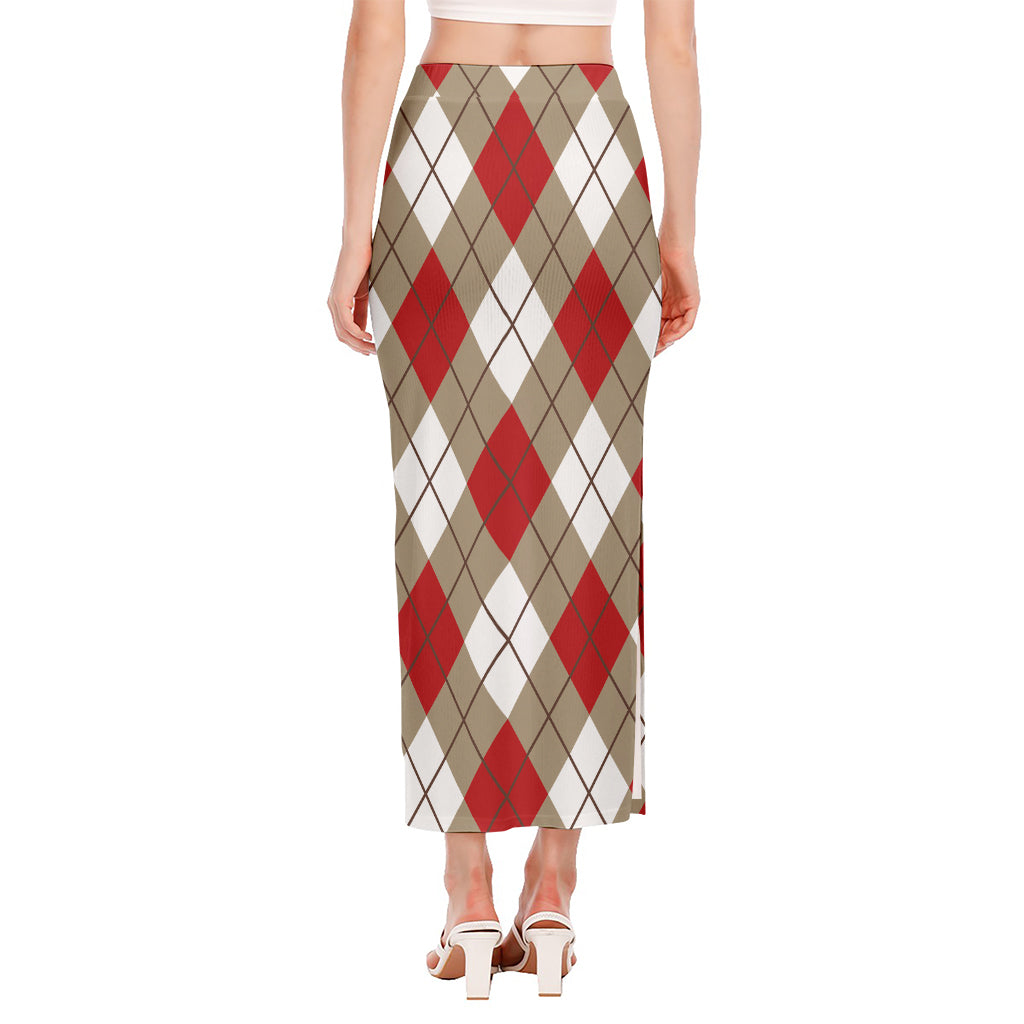 Red White And Beige Argyle Pattern Print Side Slit Maxi Skirt