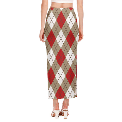 Red White And Beige Argyle Pattern Print Side Slit Maxi Skirt