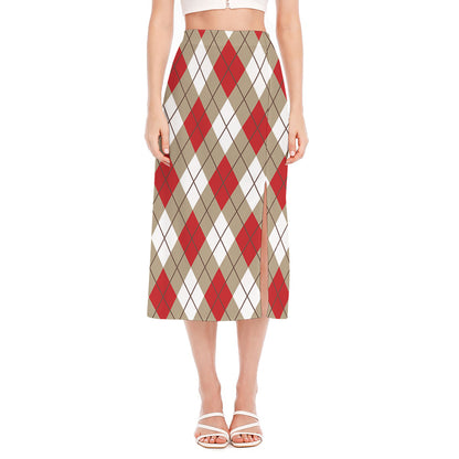 Red White And Beige Argyle Pattern Print Side Slit Midi Skirt