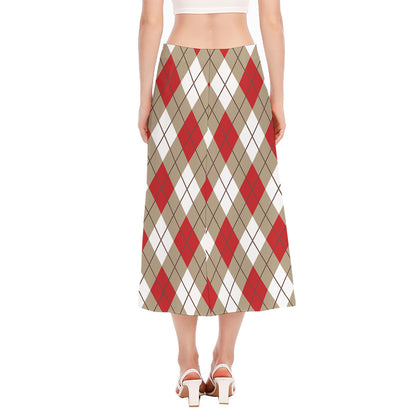 Red White And Beige Argyle Pattern Print Side Slit Midi Skirt