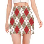 Red White And Beige Argyle Pattern Print Side Slit Mini Skirt