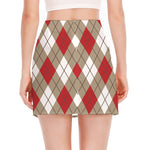 Red White And Beige Argyle Pattern Print Side Slit Mini Skirt