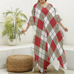 Red White And Beige Argyle Pattern Print Silk V-Neck Kaftan Dress