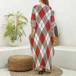 Red White And Beige Argyle Pattern Print Silk V-Neck Kaftan Dress