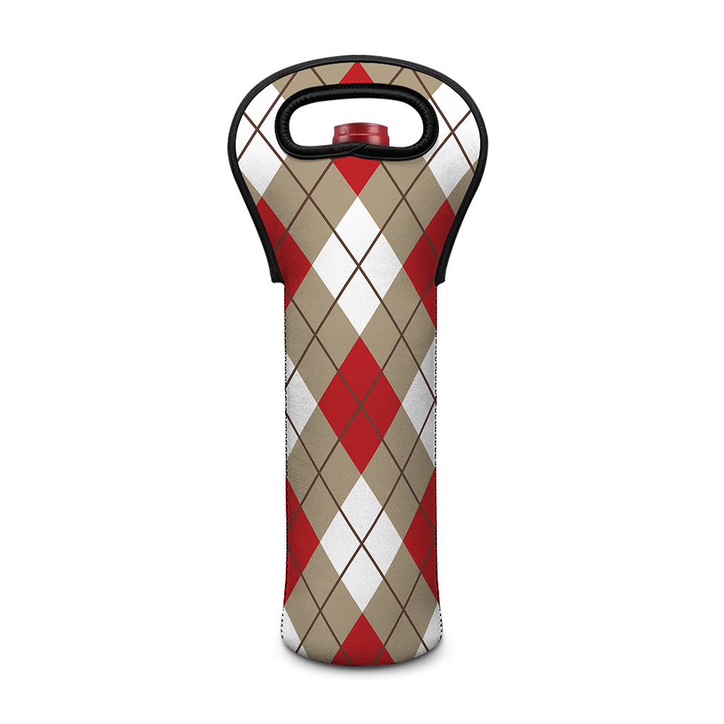 Red White And Beige Argyle Pattern Print Single Neoprene Wine Tote