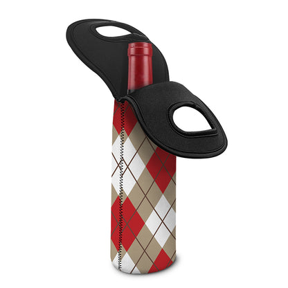 Red White And Beige Argyle Pattern Print Single Neoprene Wine Tote