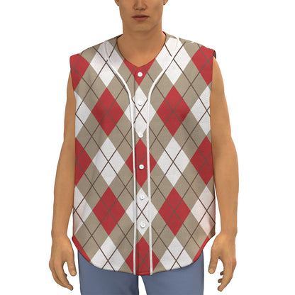 Red White And Beige Argyle Pattern Print Sleeveless Baseball Jersey