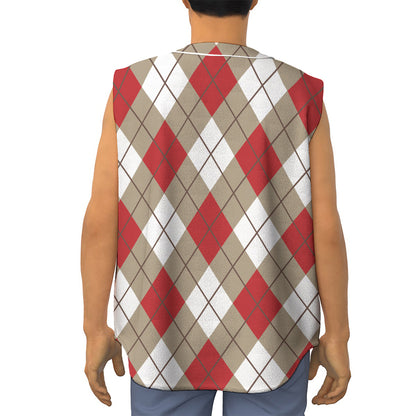 Red White And Beige Argyle Pattern Print Sleeveless Baseball Jersey