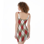 Red White And Beige Argyle Pattern Print Sleeveless Bodycon Dress