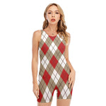 Red White And Beige Argyle Pattern Print Sleeveless One Piece Swimsuit