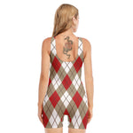 Red White And Beige Argyle Pattern Print Sleeveless One Piece Swimsuit