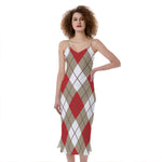 Red White And Beige Argyle Pattern Print Slim Fit Midi Cami Dress