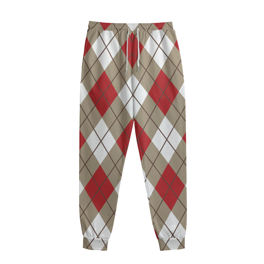 Red White And Beige Argyle Pattern Print Sweatpants