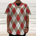 Red White And Beige Argyle Pattern Print Textured Short Sleeve Shirt