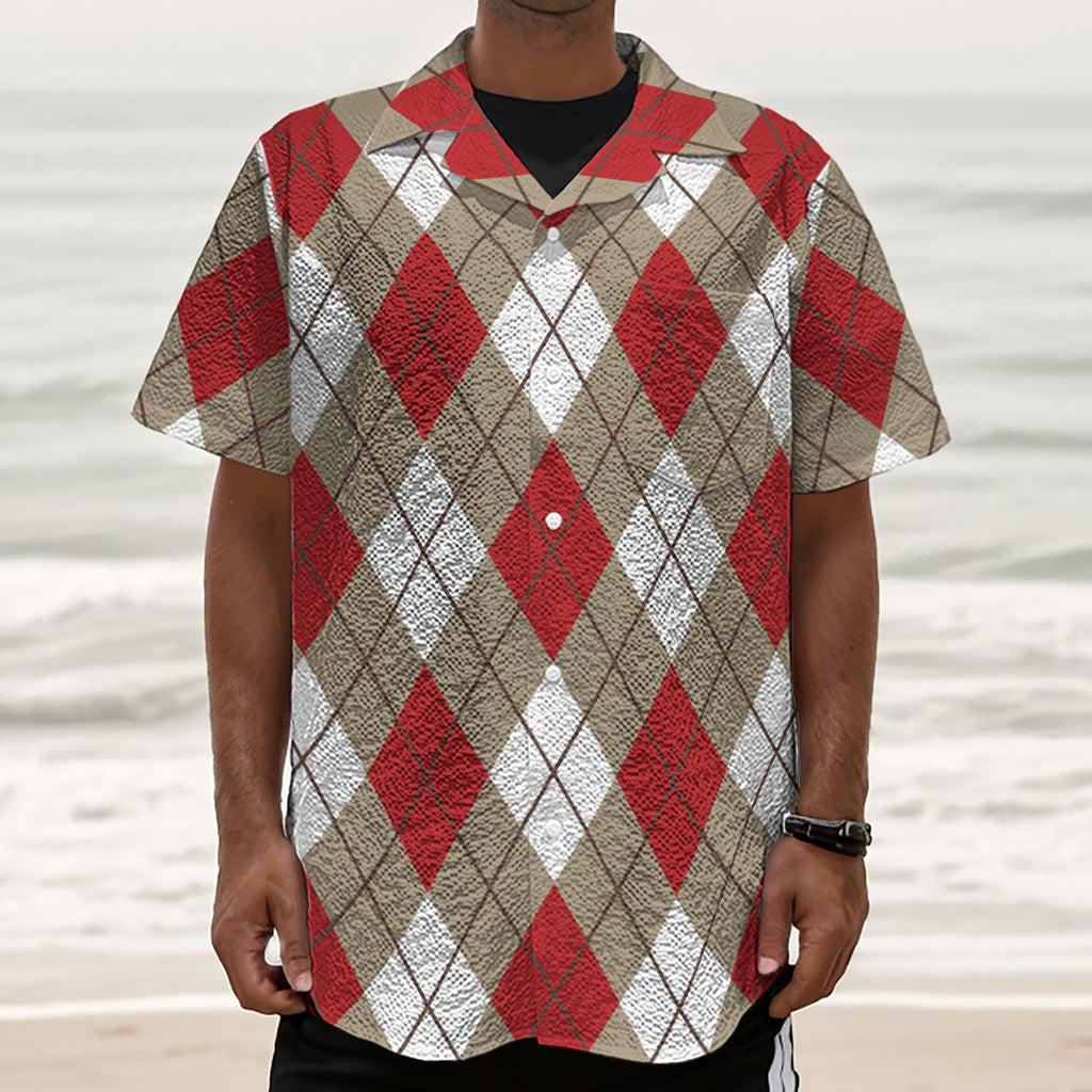 Red White And Beige Argyle Pattern Print Textured Short Sleeve Shirt