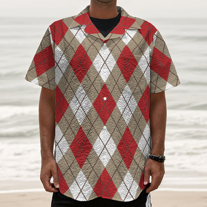 Red White And Beige Argyle Pattern Print Textured Short Sleeve Shirt