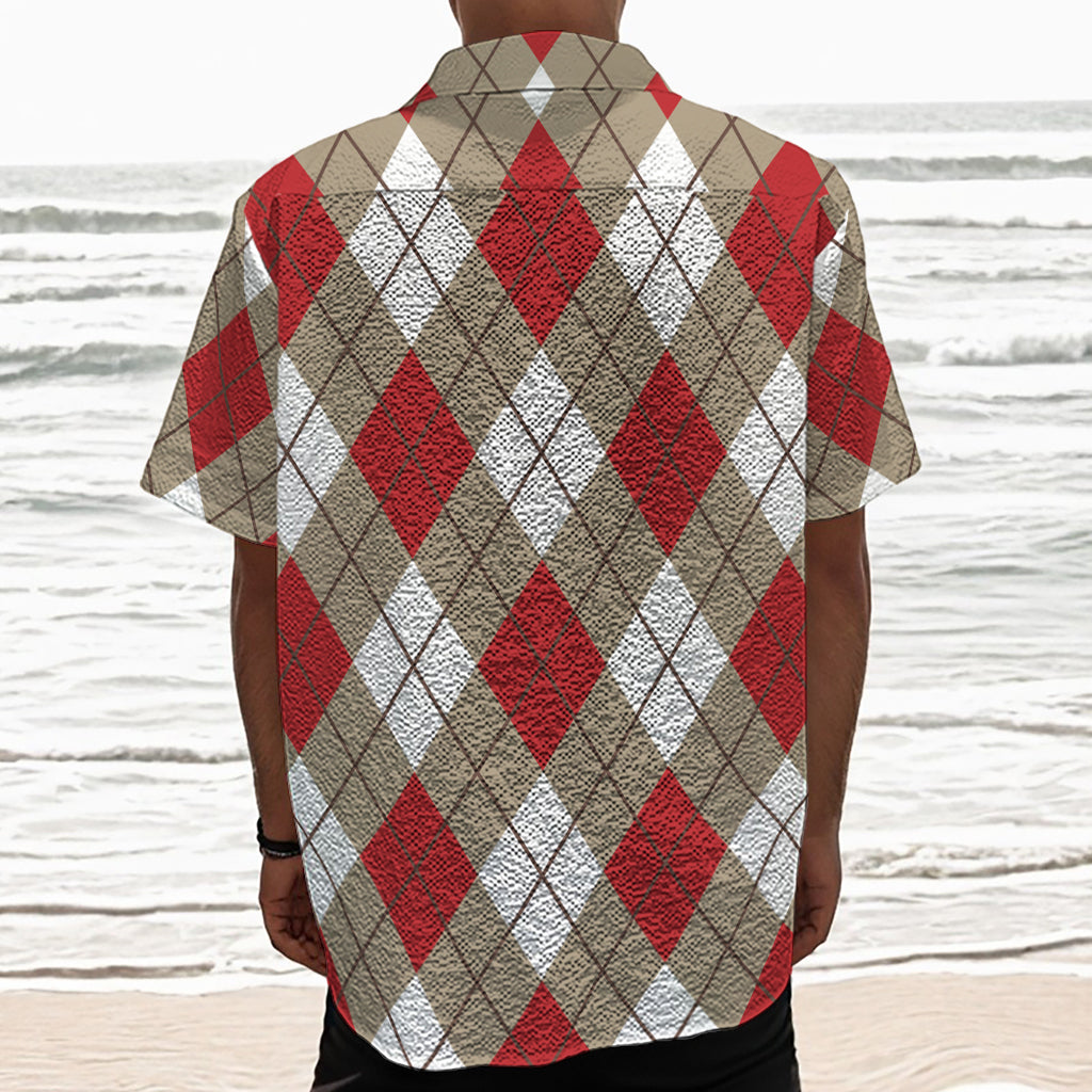 Red White And Beige Argyle Pattern Print Textured Short Sleeve Shirt