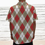 Red White And Beige Argyle Pattern Print Textured Short Sleeve Shirt