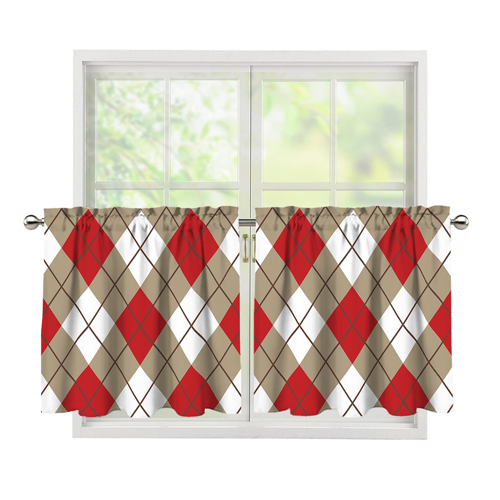 Red White And Beige Argyle Pattern Print Tier Curtains