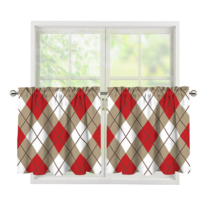 Red White And Beige Argyle Pattern Print Tier Curtains