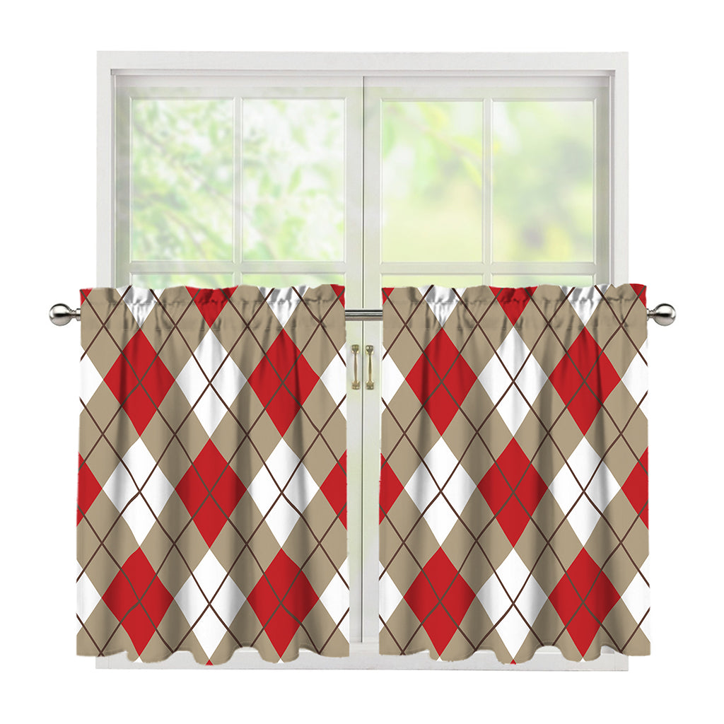 Red White And Beige Argyle Pattern Print Tier Curtains