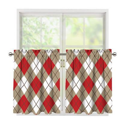 Red White And Beige Argyle Pattern Print Tier Curtains
