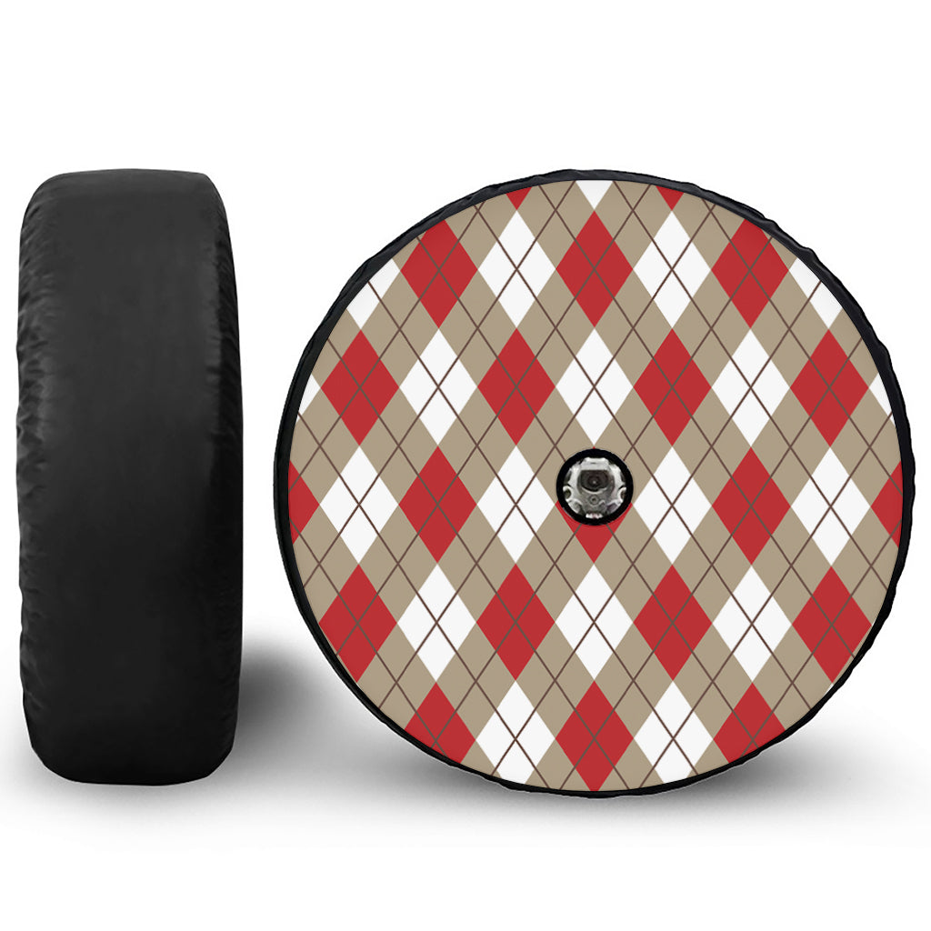 Red White And Beige Argyle Pattern Print Tire Cover With Camera Hole