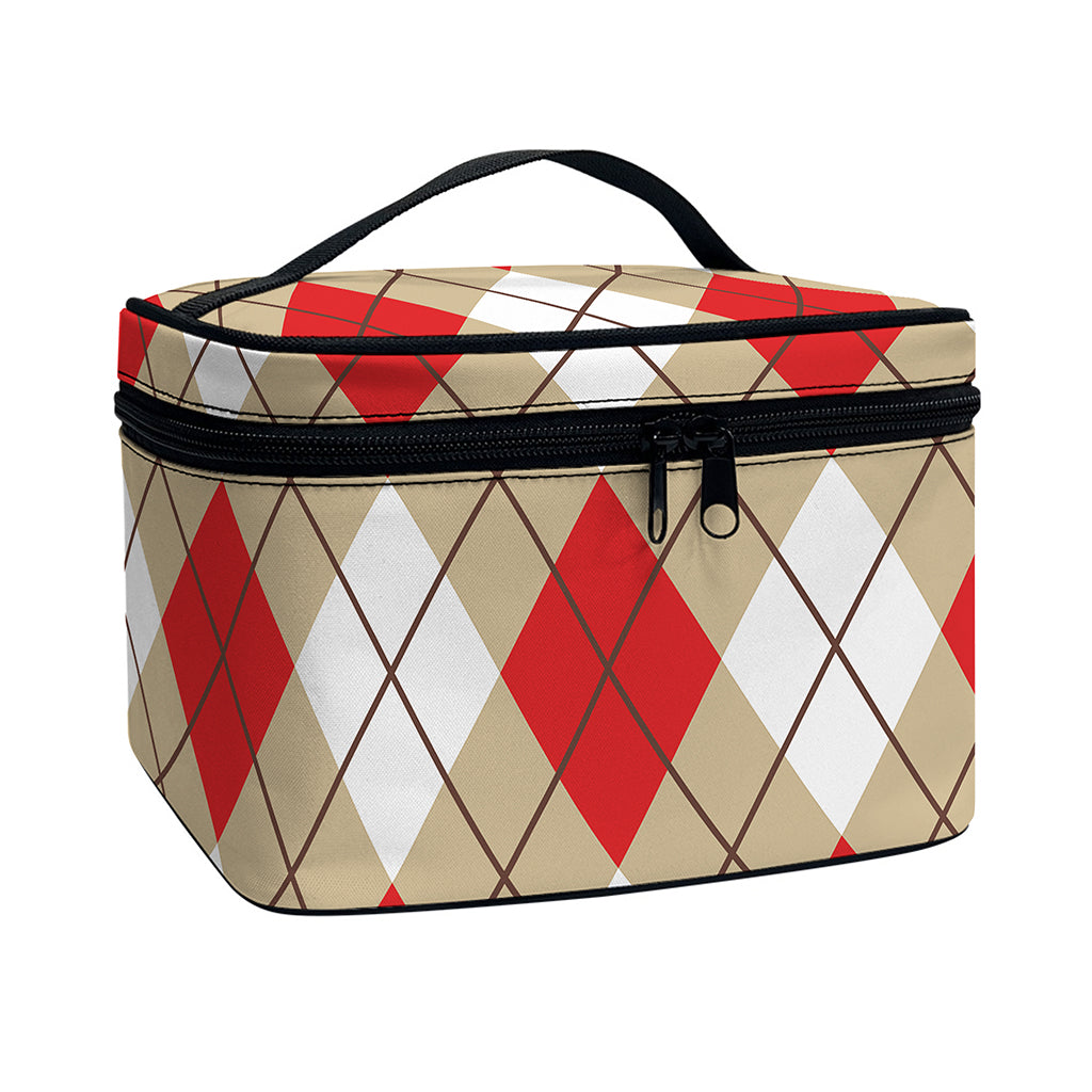 Red White And Beige Argyle Pattern Print Travel Makeup Bag
