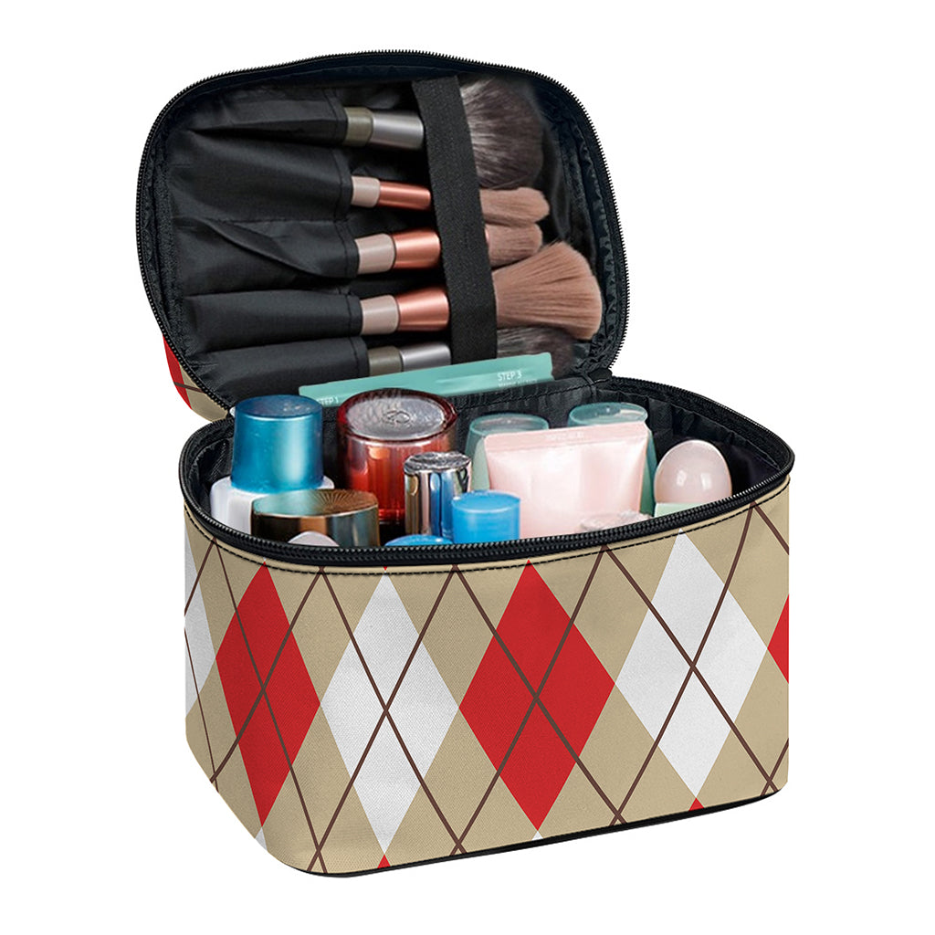 Red White And Beige Argyle Pattern Print Travel Makeup Bag