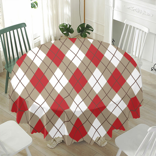 Red White And Beige Argyle Pattern Print Waterproof Round Tablecloth