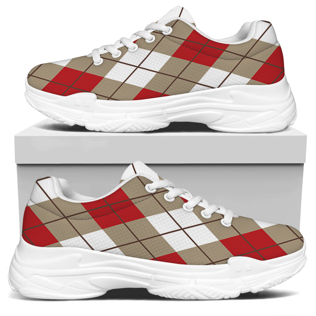 Red White And Beige Argyle Pattern Print White Chunky Shoes