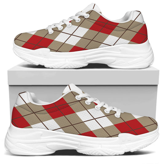 Red White And Beige Argyle Pattern Print White Chunky Shoes