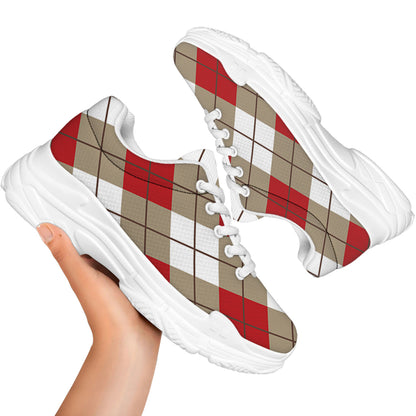 Red White And Beige Argyle Pattern Print White Chunky Shoes
