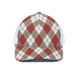 Red White And Beige Argyle Pattern Print White Mesh Trucker Cap