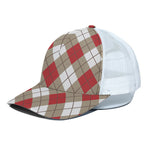 Red White And Beige Argyle Pattern Print White Mesh Trucker Cap