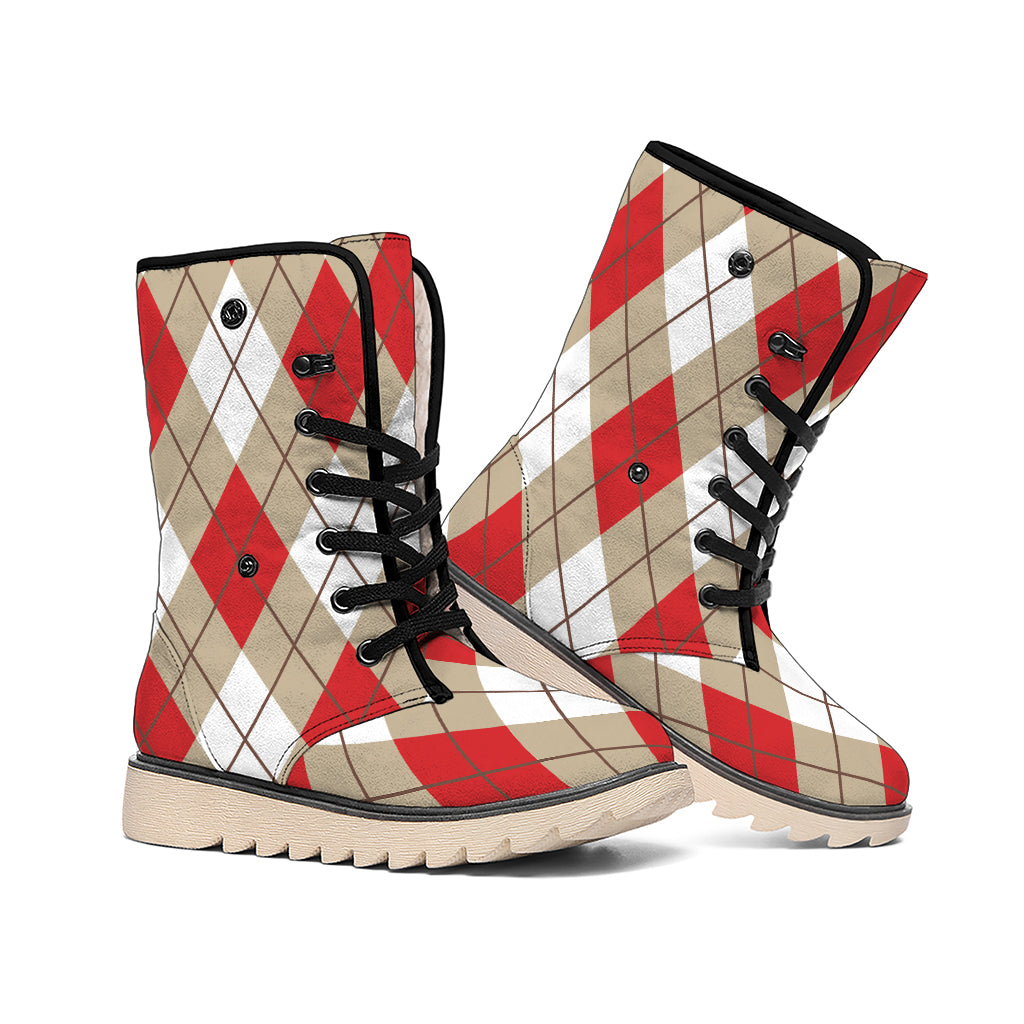 Red White And Beige Argyle Pattern Print Winter Boots