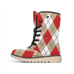 Red White And Beige Argyle Pattern Print Winter Boots