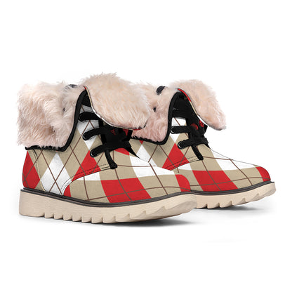 Red White And Beige Argyle Pattern Print Winter Boots