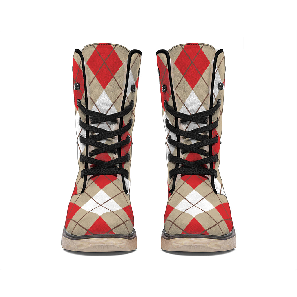 Red White And Beige Argyle Pattern Print Winter Boots