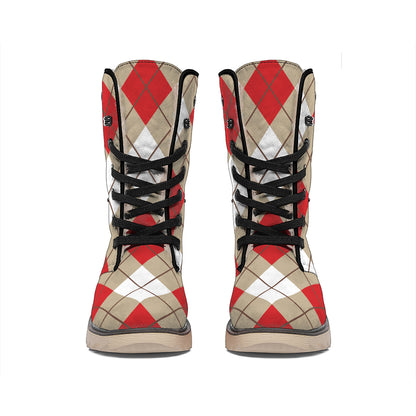 Red White And Beige Argyle Pattern Print Winter Boots