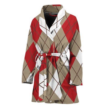 Red White And Beige Argyle Pattern Print Women's Bathrobe