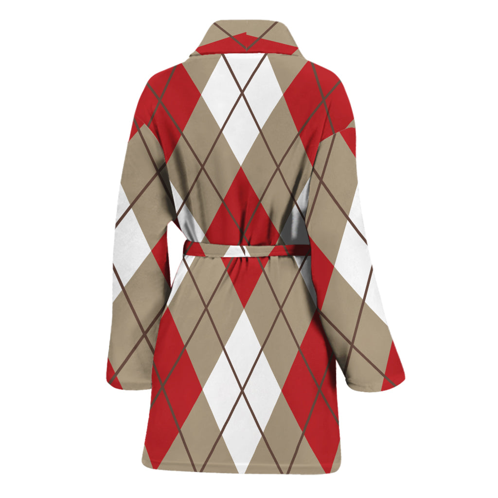 Red White And Beige Argyle Pattern Print Women's Bathrobe