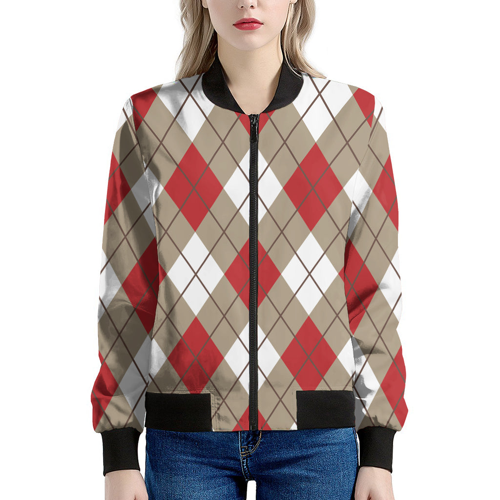 Red White And Beige Argyle Pattern Print Women's Bomber Jacket