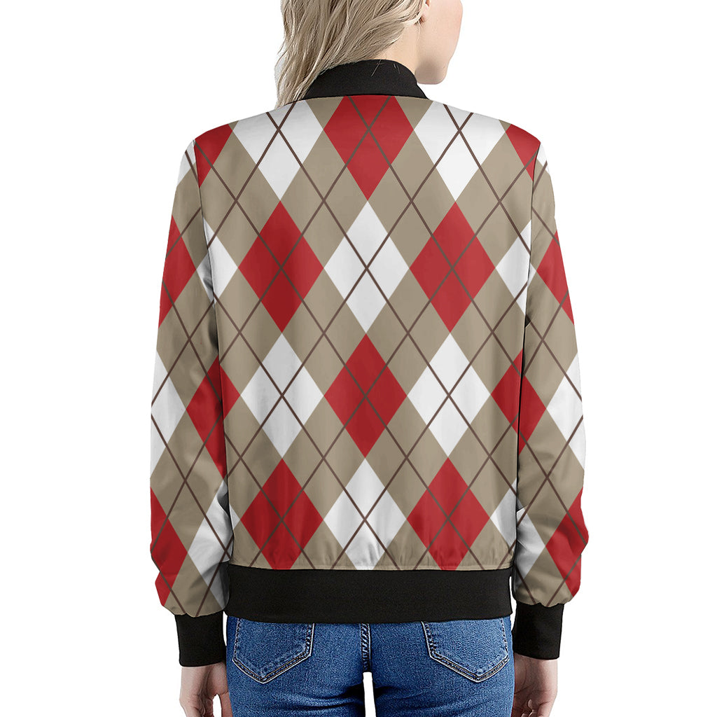 Red White And Beige Argyle Pattern Print Women's Bomber Jacket