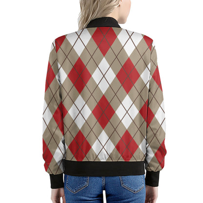 Red White And Beige Argyle Pattern Print Women's Bomber Jacket